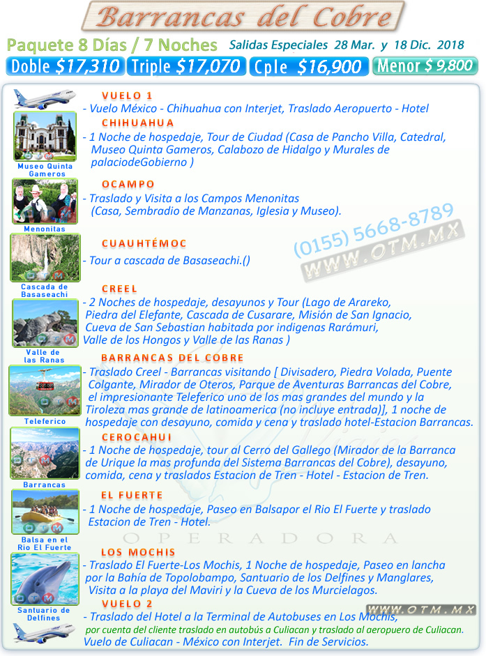 promocion grupal paquete economico menonitas chihuahua Cuauhtemoc ocampo creel barrancas del cobre cerocahui el fuerte los mochis tren chepe